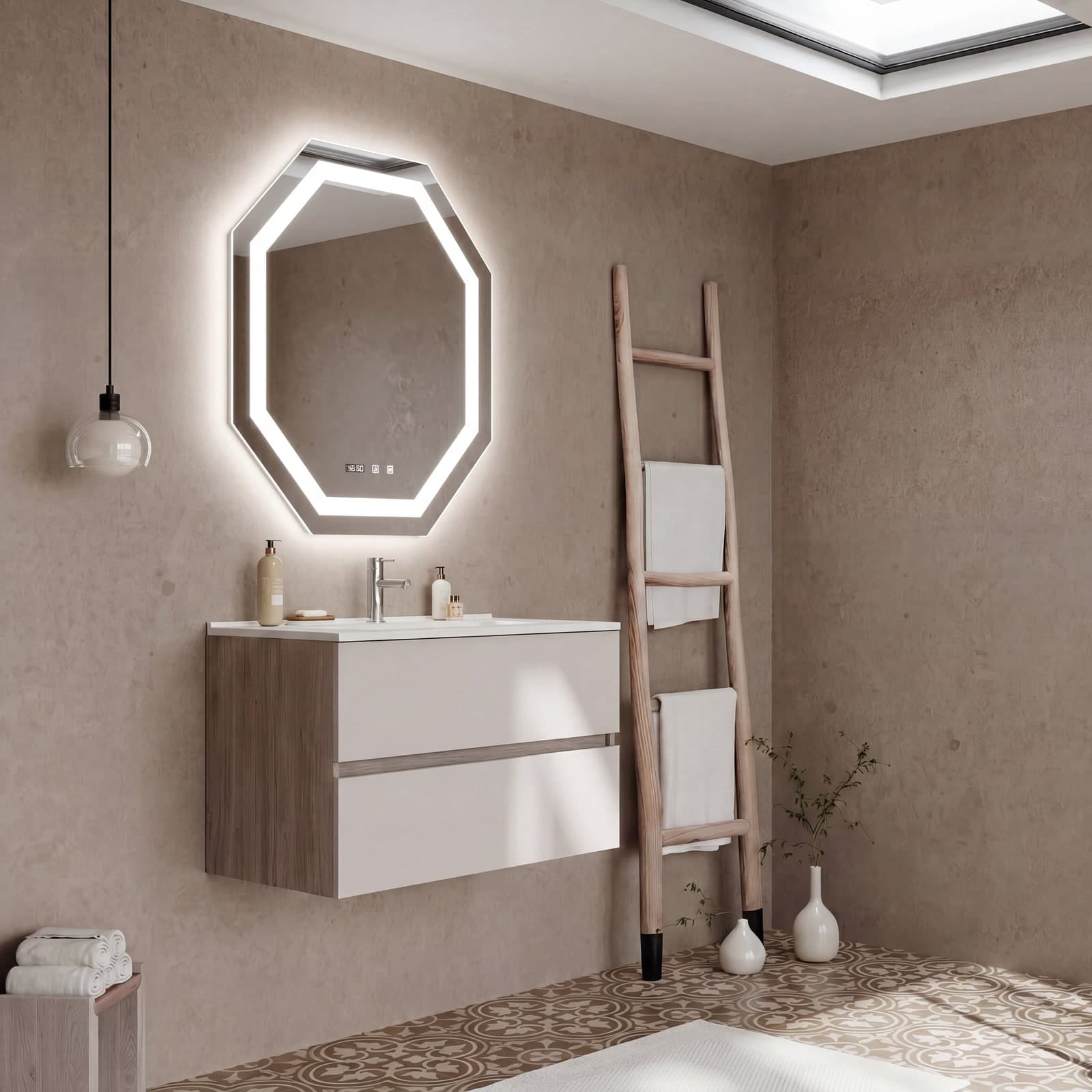 Set mobilier baie suspendat cu lavoar și oglindă octogonală, 80 cm, Easy, Imitație lemn cu alb mat / lavoar alb din lemn masiv