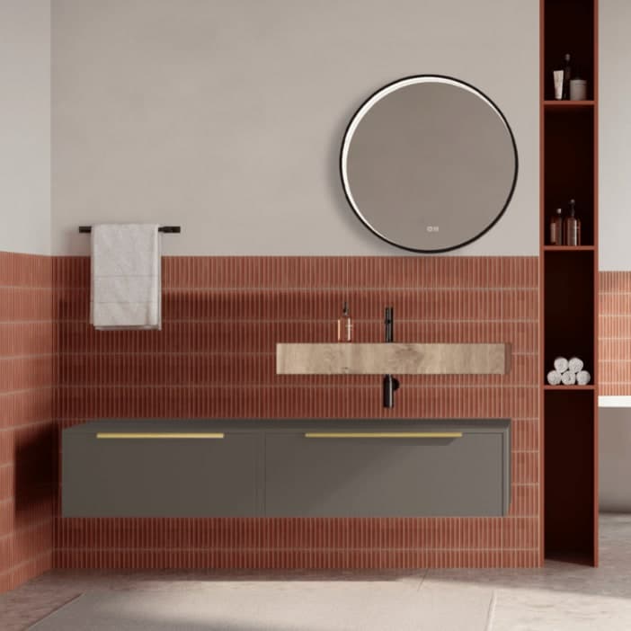 Set mobilier baie suspendat cu lavoar și oglindă rotundă, 140 cm, Iconica din lemn masiv