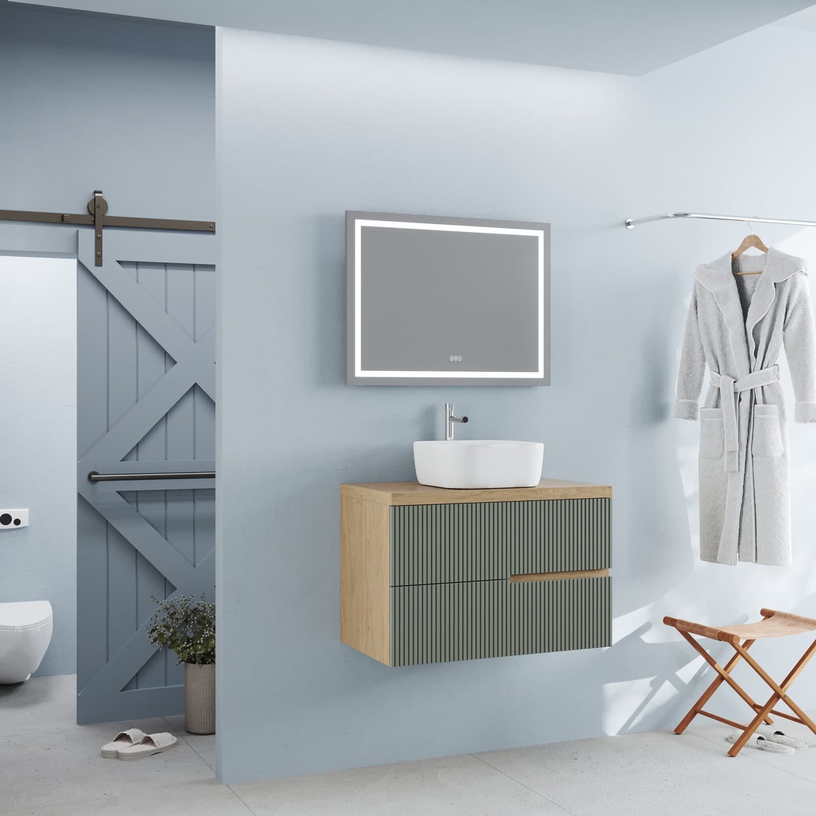 Set mobilier baie suspendat cu riflaj Cannetatto, blat, lavoar pe blat și oglindă, 80 cm, Eva, Imitație lemn cu verde salvie / lavoar alb mat din lemn masiv