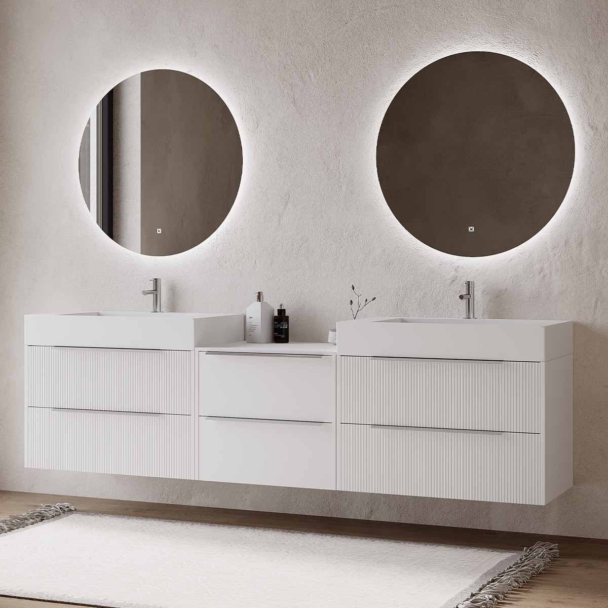 Set mobilier baie suspendat cu riflaj Cannetatto, lavoar dublu pe blat și 2 oglinzi, 220 cm, Iconica din lemn masiv