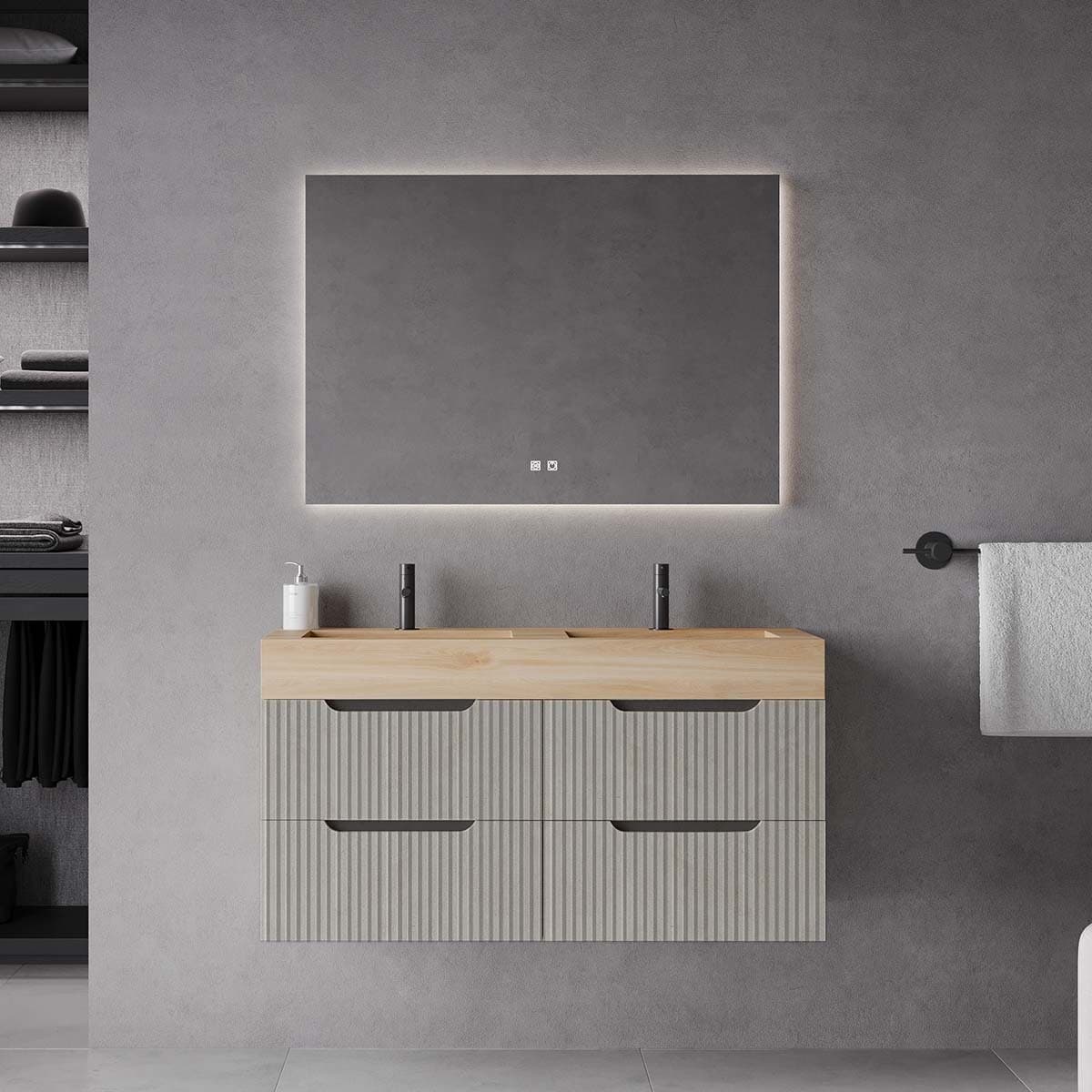 Set mobilier baie suspendat cu riflaj Cannetatto, lavoar HPL și oglindă, 120 cm, Comfort, Bej / lavoar imitație lemn din lemn masiv