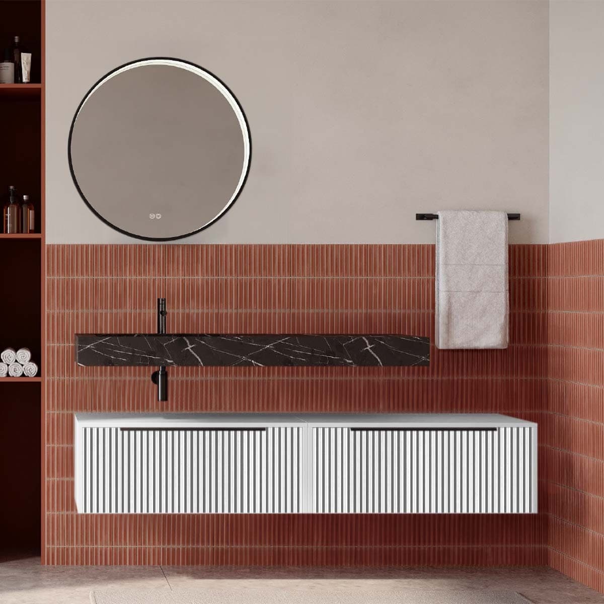 Set mobilier baie suspendat cu riflaj Cannetatto, lavoar și oglindă, 160 cm, Iconica din lemn masiv
