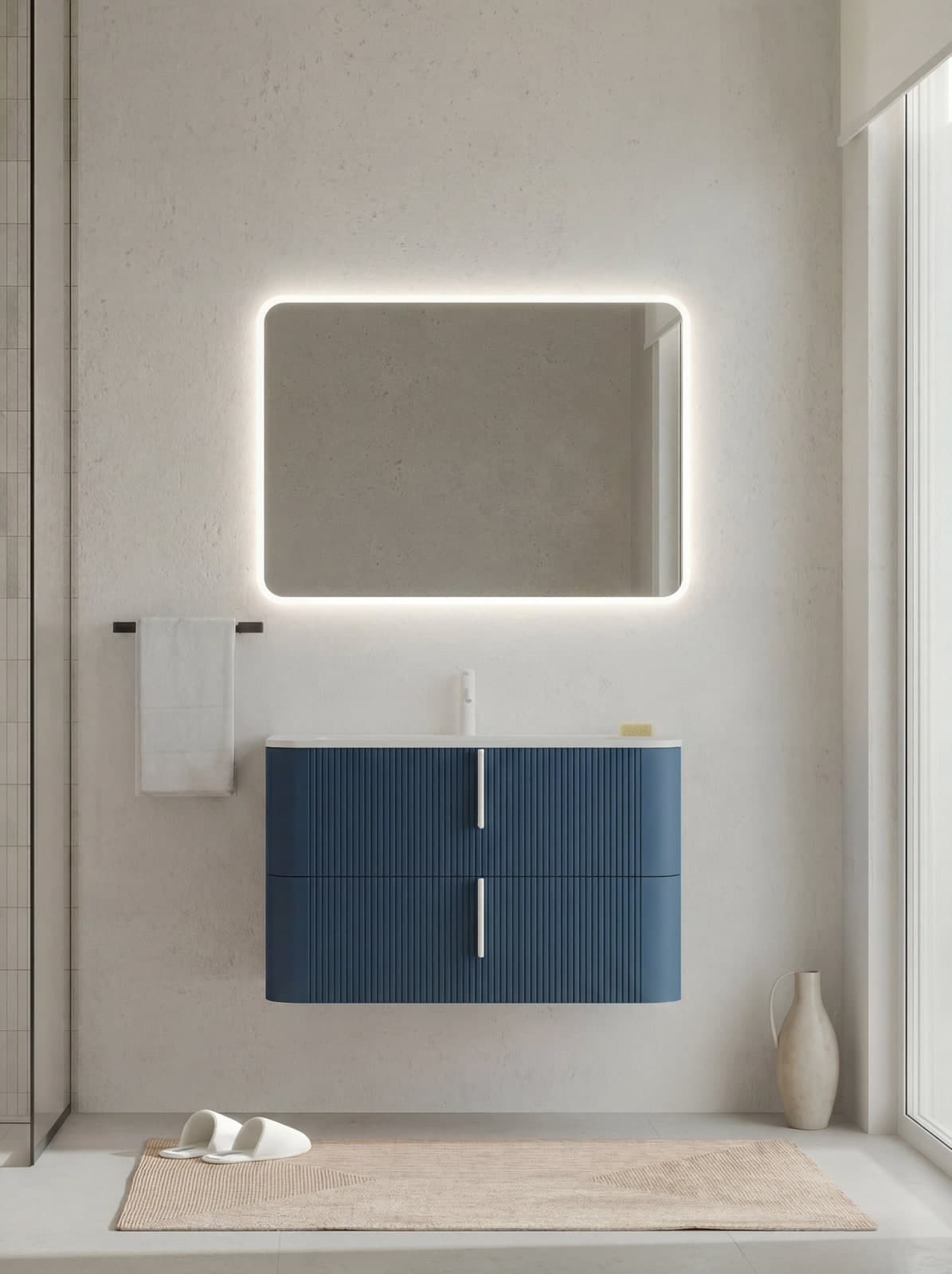 Set mobilier baie suspendat cu riflaj Cannetatto, lavoar și oglindă, 100 cm, Lyra, Albastru / lavoar alb mat din lemn masiv