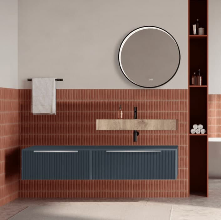 Set mobilier baie suspendat cu riflaj Cannetatto, lavoar și oglindă rotundă, 140 cm, Iconica din lemn masiv