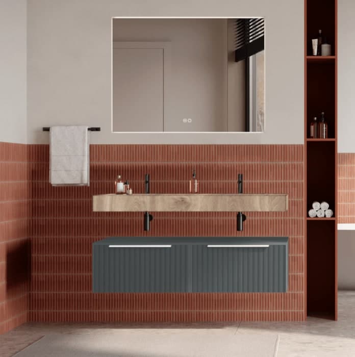 Set mobilier baie suspendat cu riflaj Cannetatto, lavoar și oglindă, 120 cm, Iconica din lemn masiv