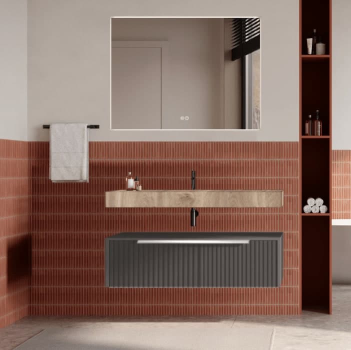 Set mobilier baie suspendat cu riflaj Cannetatto, lavoar și oglindă rotundă, 100 cm, Iconica din lemn masiv