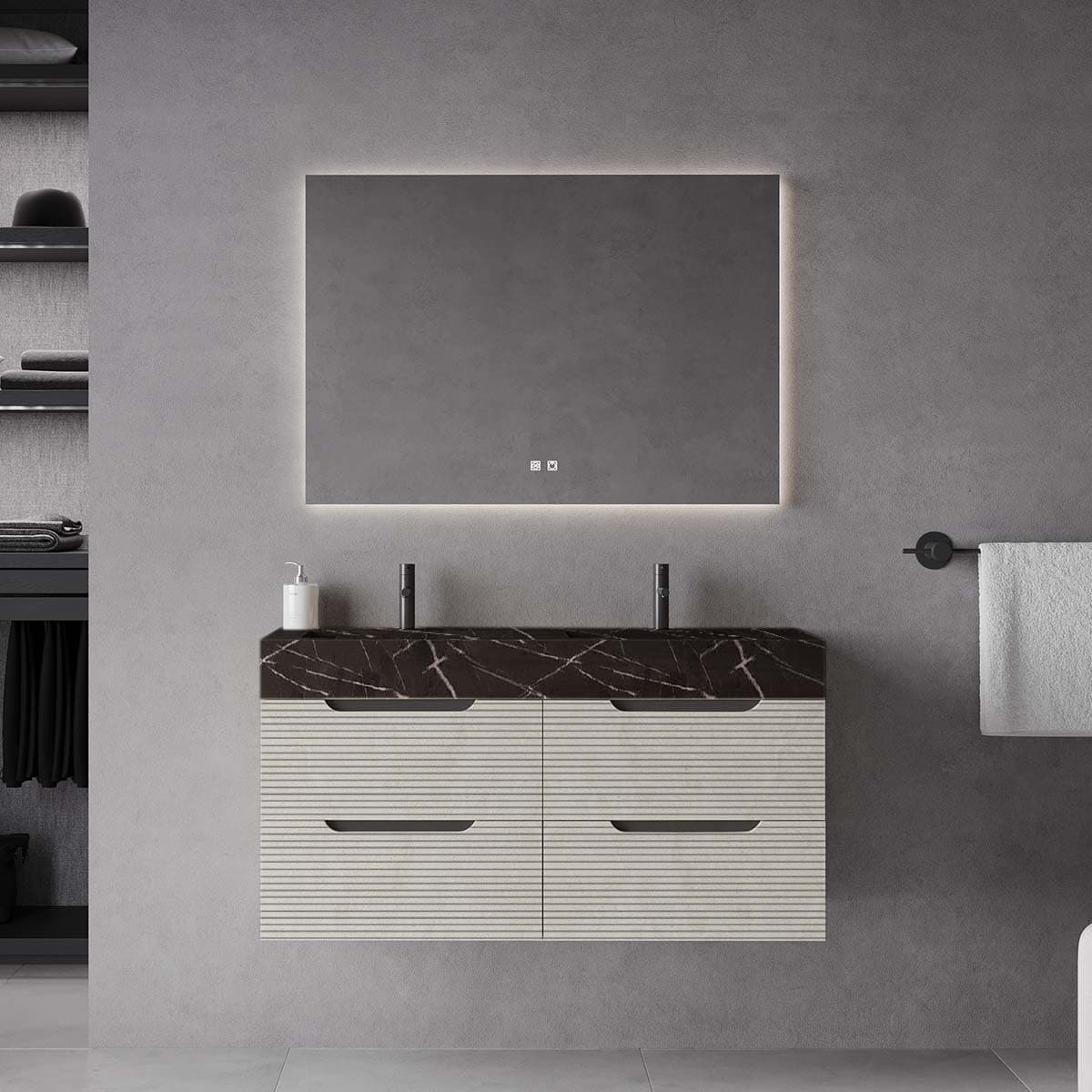 Set mobilier baie suspendat cu riflaj Dogato, lavoar HPL și oglindă, 120 cm, Comfort, Bej / lavoar imitație marmură neagră din lemn masiv