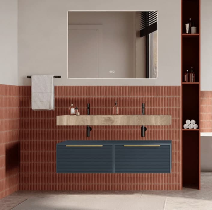 Set mobilier baie suspendat cu riflaj Dogato, lavoar și oglindă, 120 cm, Iconica din lemn masiv