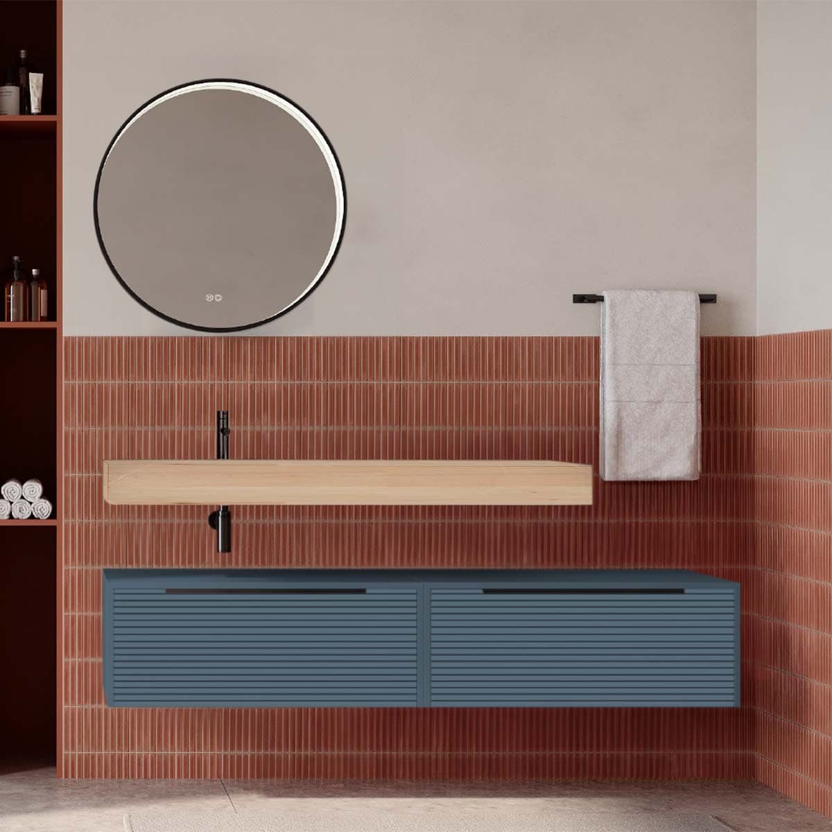 Set mobilier baie suspendat cu riflaj Dogato, lavoar și oglindă, 160 cm, Iconica din lemn masiv