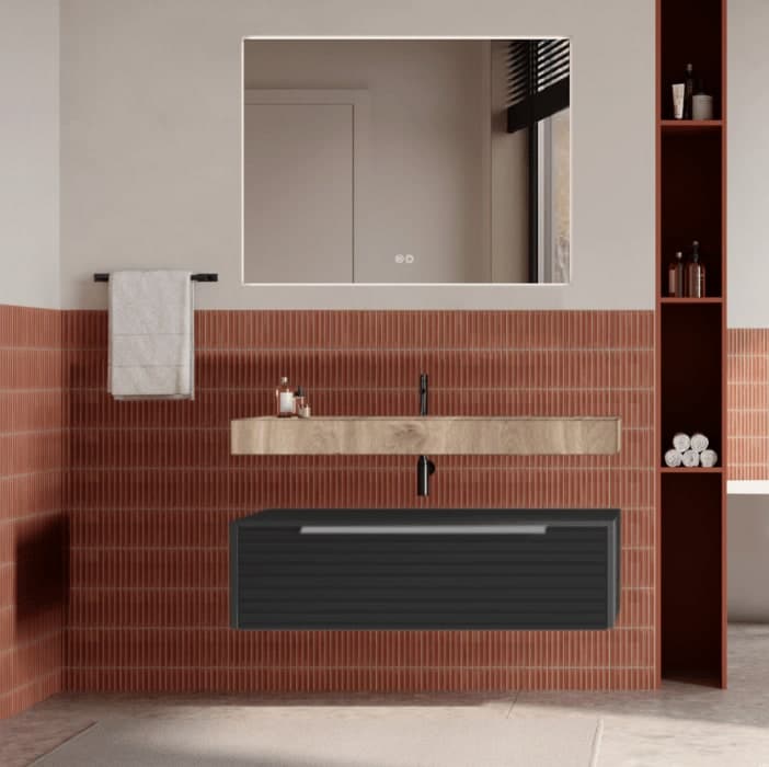 Set mobilier baie suspendat cu riflaj Dogato, lavoar și oglindă, 100 cm, Iconica din lemn masiv