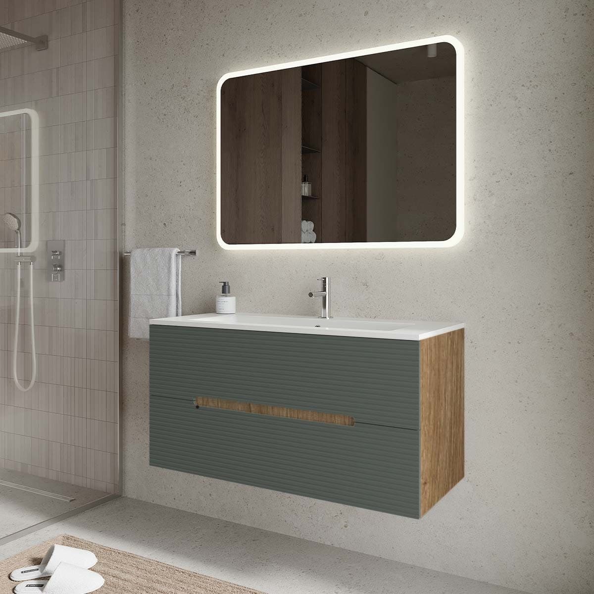 Set mobilier baie suspendat cu riflaj Dogato, lavoar și oglindă, 100 cm, Iris din lemn masiv