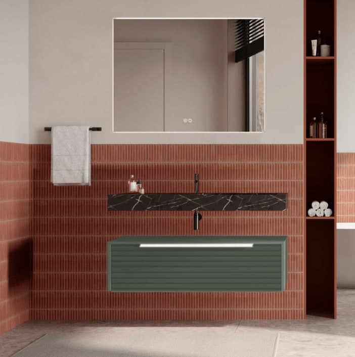 Set mobilier baie suspendat cu riflaj Dogato, lavoar și oglindă rotundă, 100 cm, Iconica din lemn masiv
