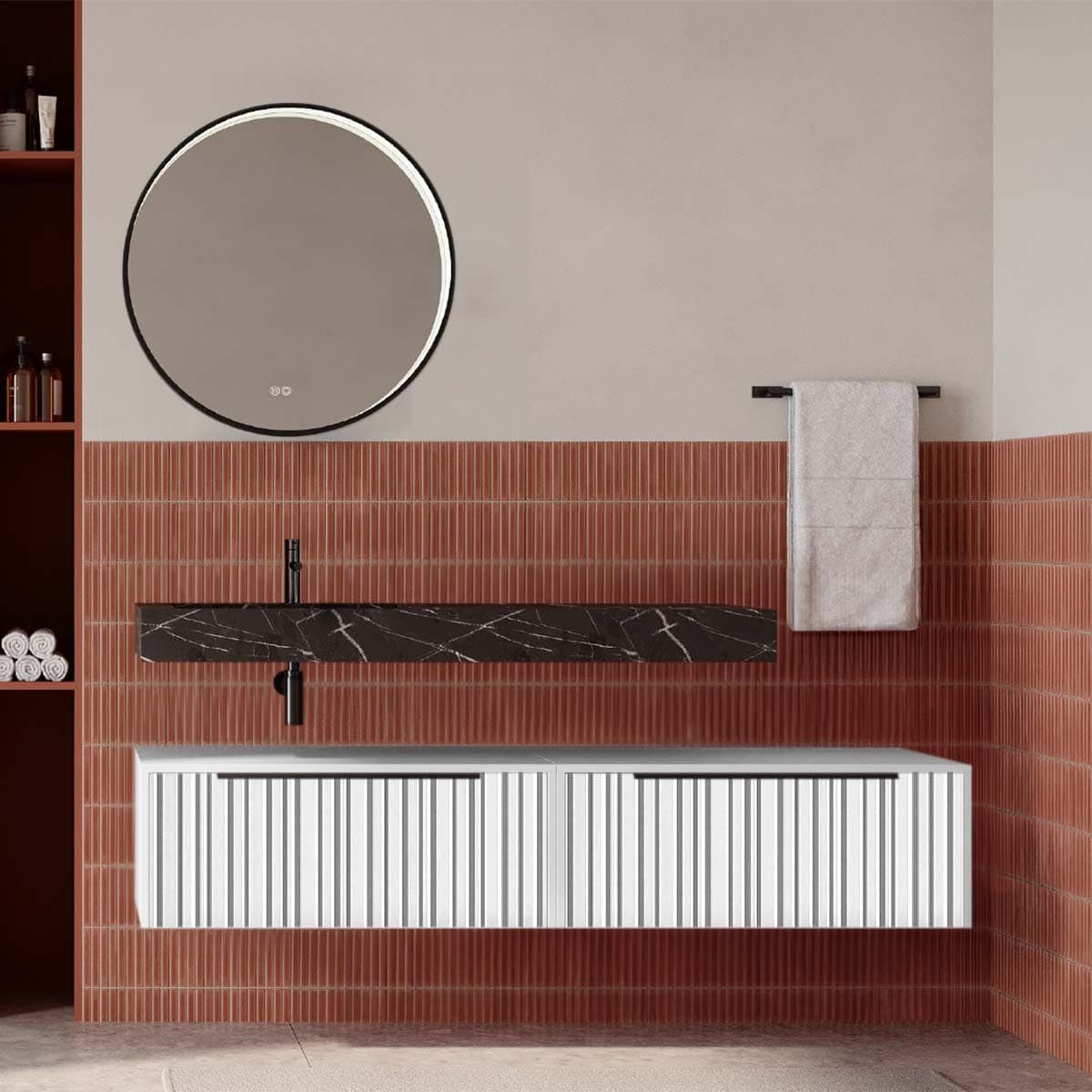 Set mobilier baie suspendat cu riflaj Plissetatto, lavoar și oglindă, 160 cm, Iconica din lemn masiv