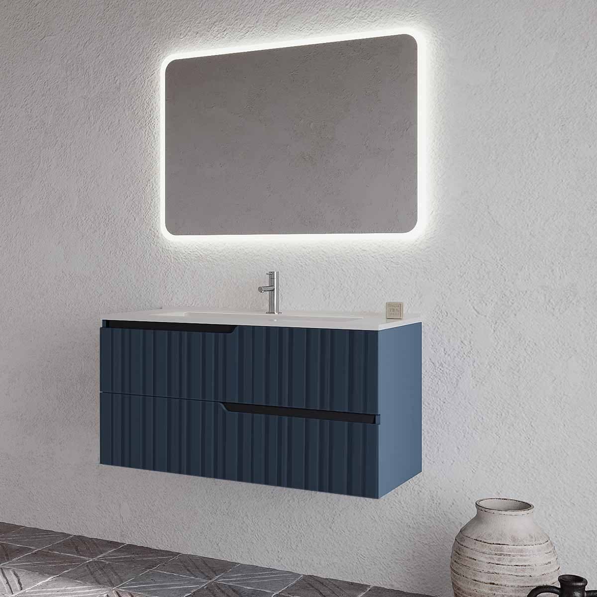 Set mobilier baie suspendat cu riflaj Plissetatto, lavoar și oglindă, 100 cm, Winter din lemn masiv