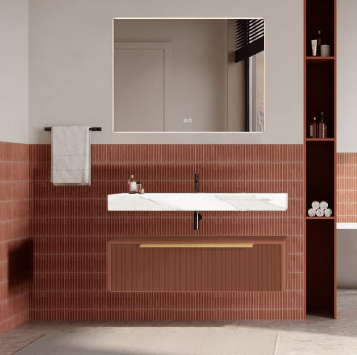Set mobilier baie suspendat cu riflaj Plissetatto, lavoar și oglindă, 100 cm, Iconica din lemn masiv