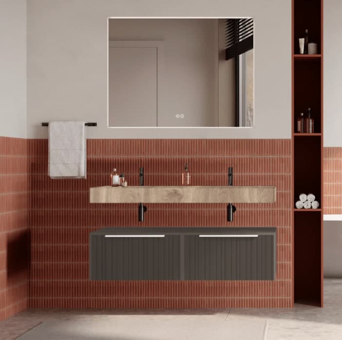 Set mobilier baie suspendat cu riflaj Plissetatto, lavoar și oglindă, 120 cm, Iconica din lemn masiv