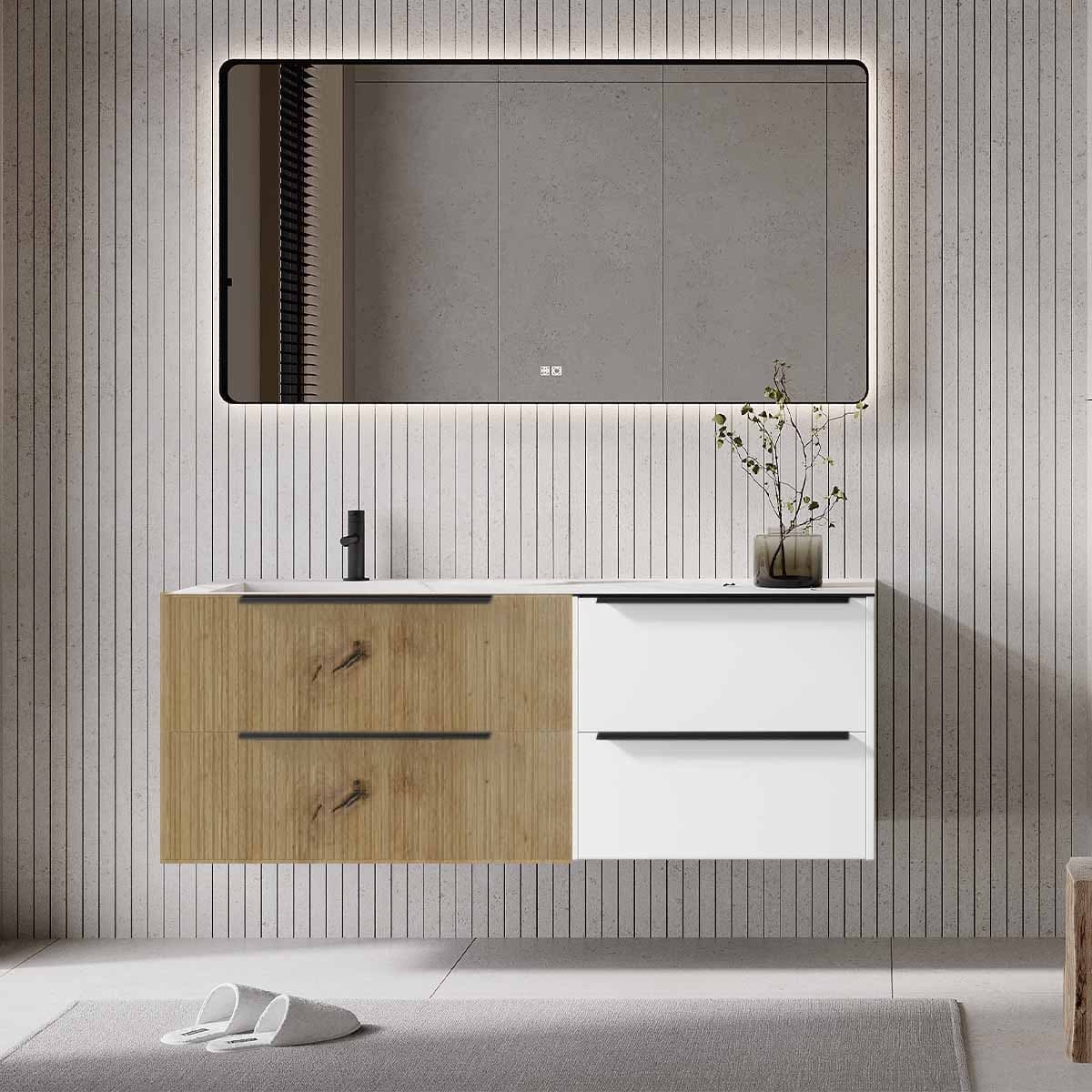 Set mobilier baie suspendat cu riflaj Plissetatto, lavoar și oglindă, 140 cm, Iconica din lemn masiv