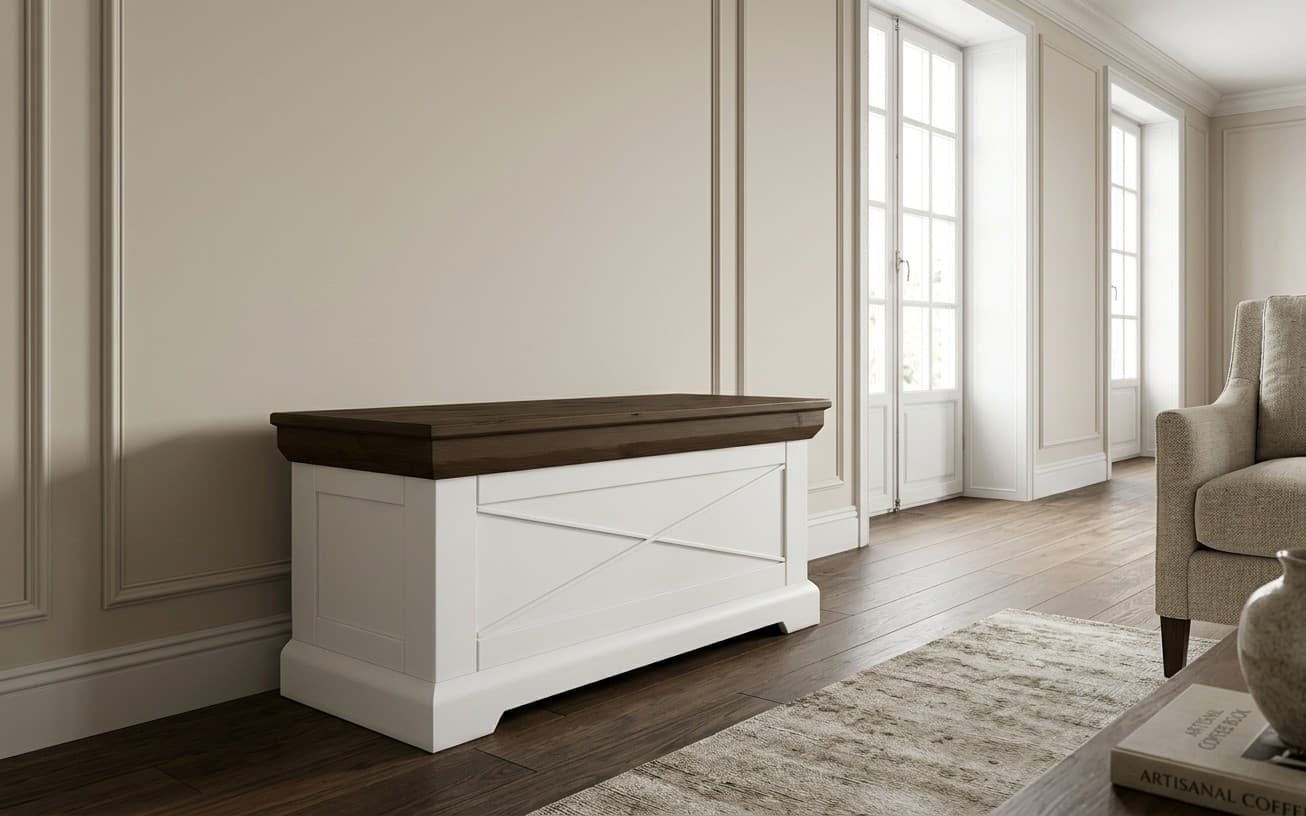 Băncuță cu Ladă Iris II, Lemn Masiv, 95x42x50cm Alb/Nuc