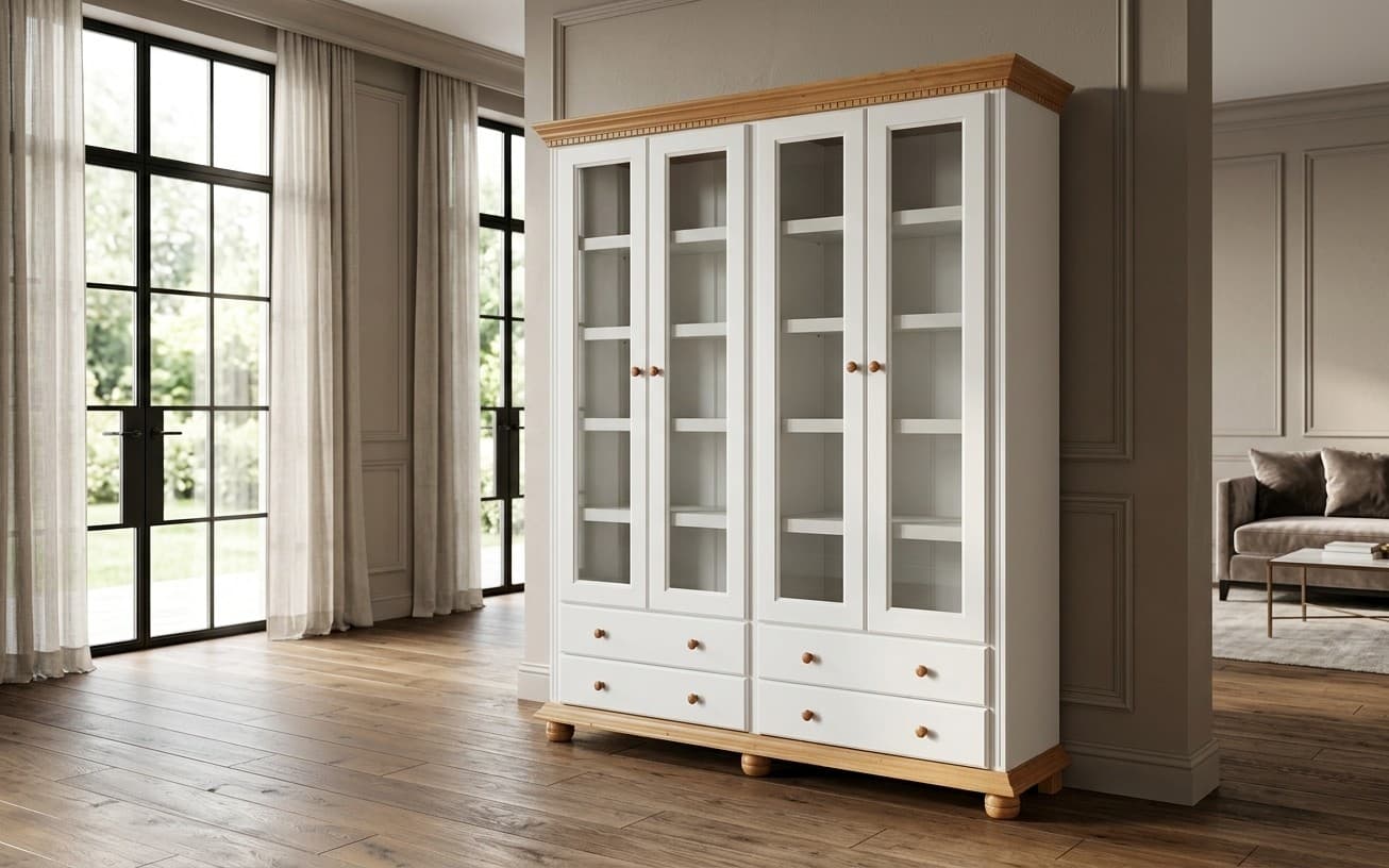 Bibliotecă Dublă Celia, Lemn Masiv, 180x45x203, Alb/Natur