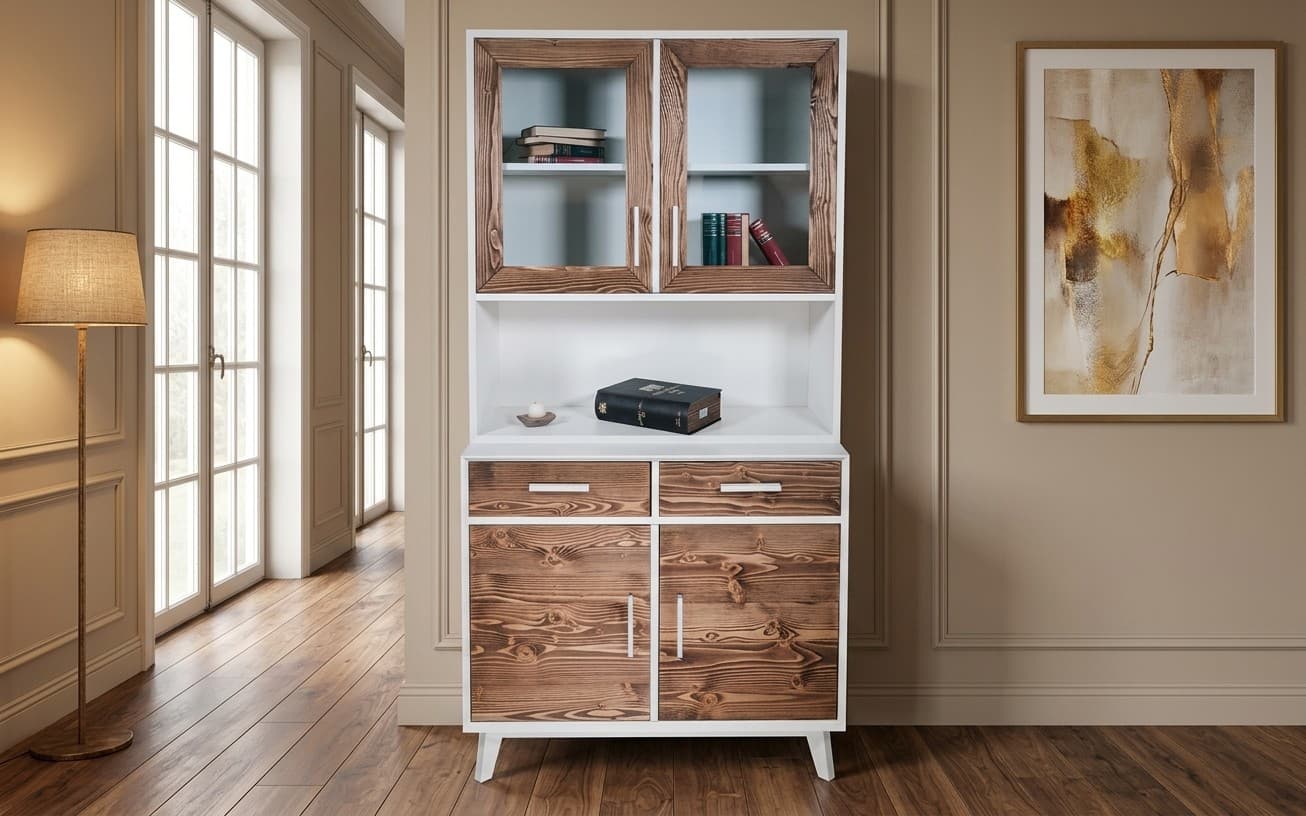 Bufet Timeless 2 Corpuri, 2 Sertare 4 Uși, Lemn Masiv, 98x45/35x190 cm, Alb