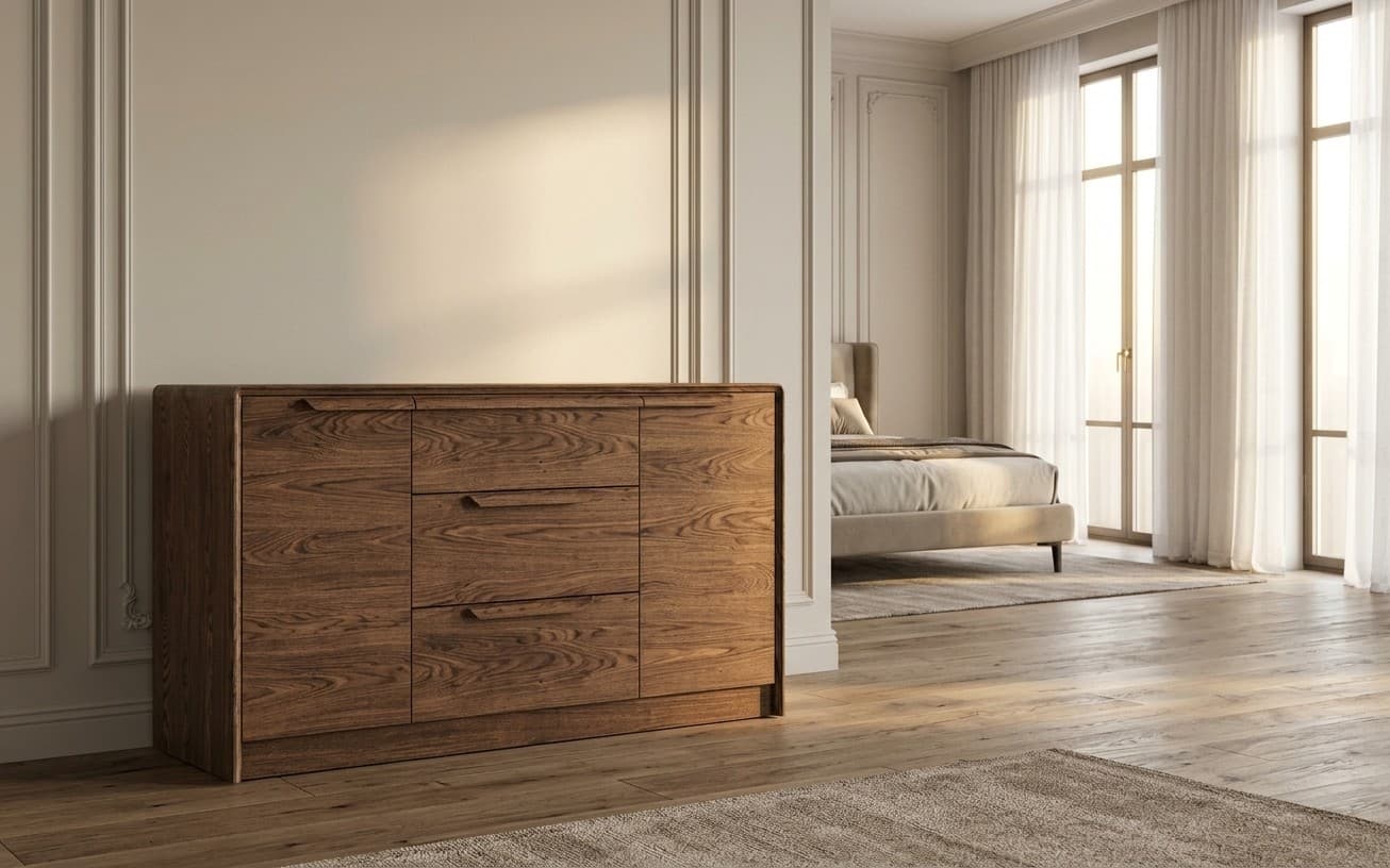 Comoda Bordo, Lemn Masiv, 3 sertare, 2 usi, 140 x 48 x 84 cm