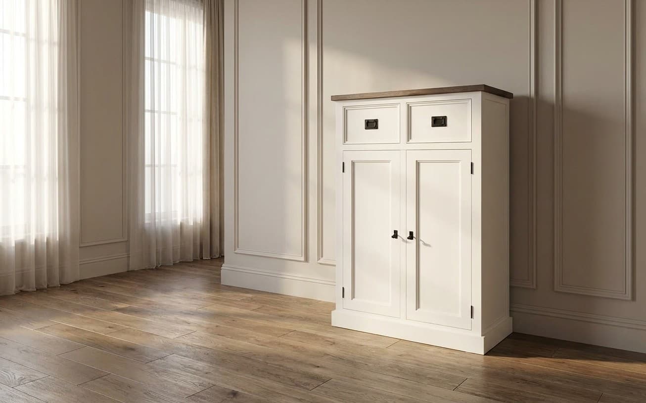 Comodă înaltă, Lahoma, Lemn Masiv, 4 compartimente, 80x45x120, Alb/Maro