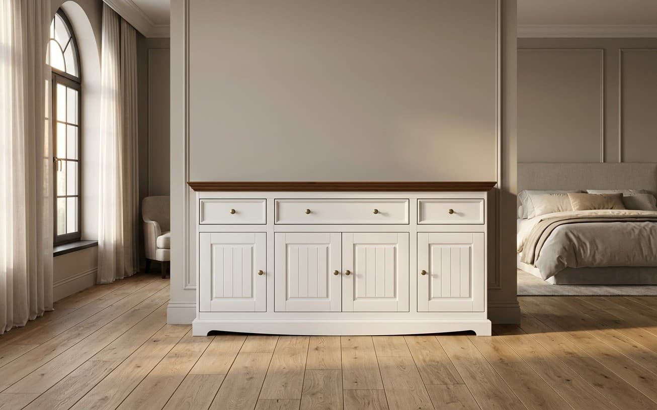 Comodă Linea, Lemn Masiv, 167x45x85cm, Alb-Nuc