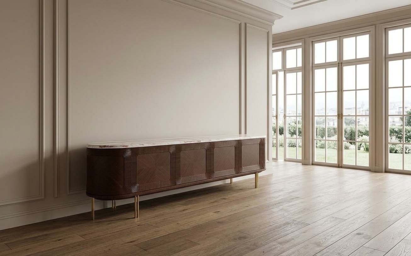 Comoda TV Emma, 247x56x67cm, Nuc, Marmura Naturala