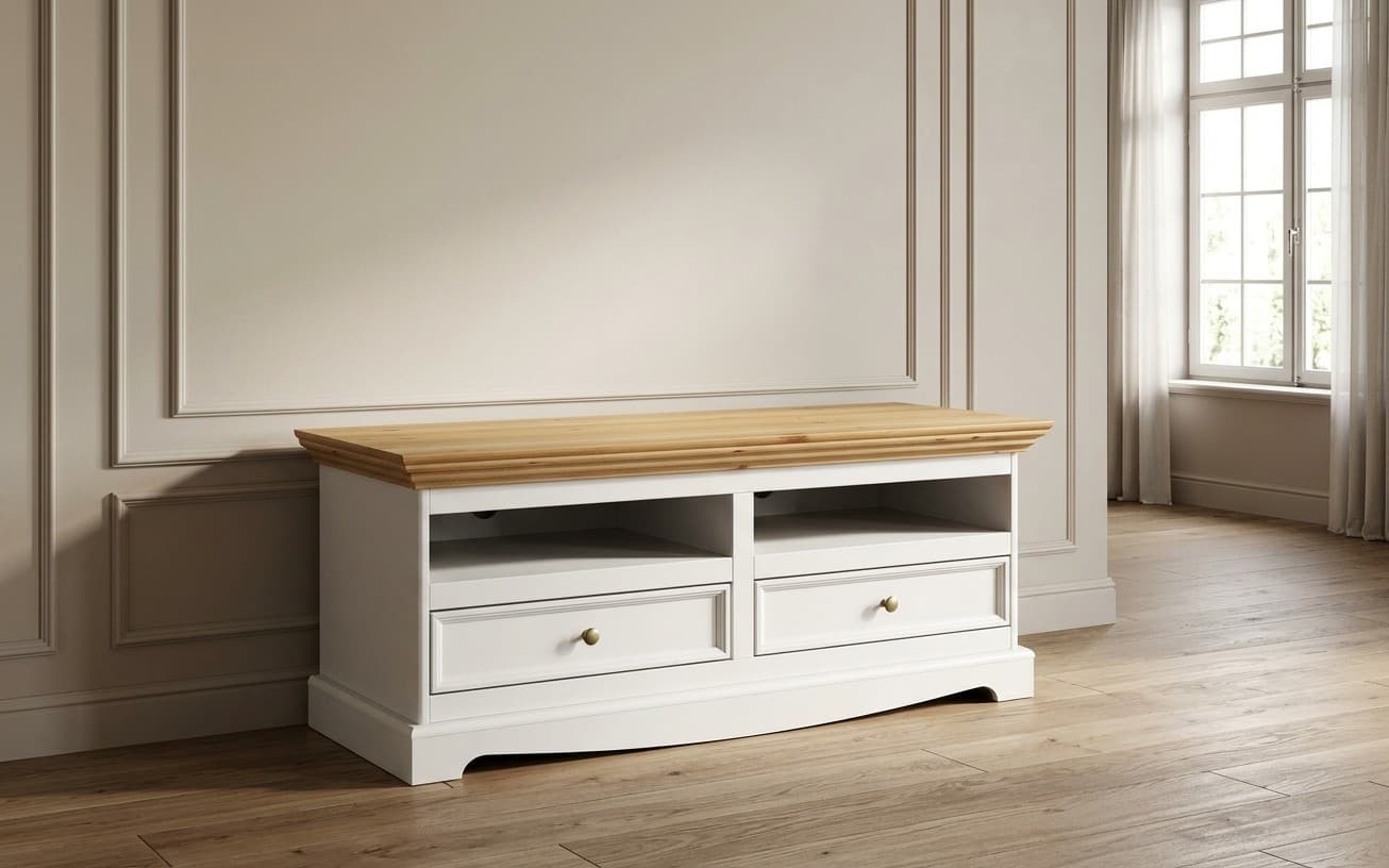 Comodă TV Linea, Lemn Masiv, 111x53x53cm, Alb-Natur