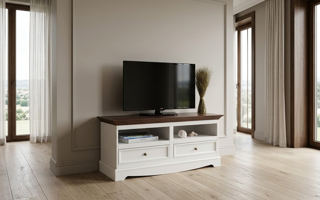 Comodă TV Linea, Lemn Masiv, 111x53x53cm, Alb-Nuc