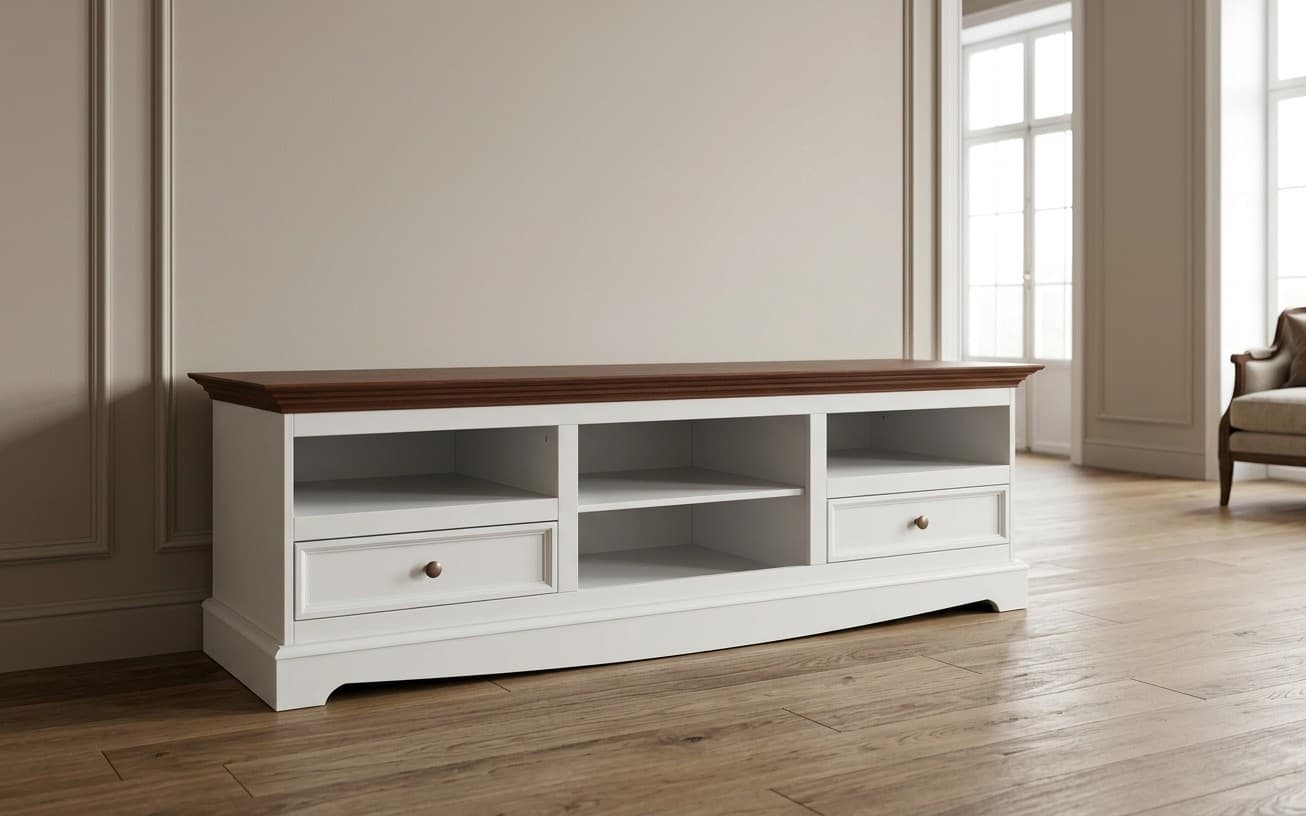 Comodă TV Linea, Lemn Masiv, 167x53x53cm, Alb-Nuc