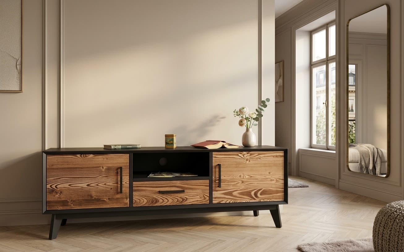 Comodă TV Timeless, 1 Sertar 2 Uși 1 Nișă, Lemn Masiv, 146x40x48 cm, Negru