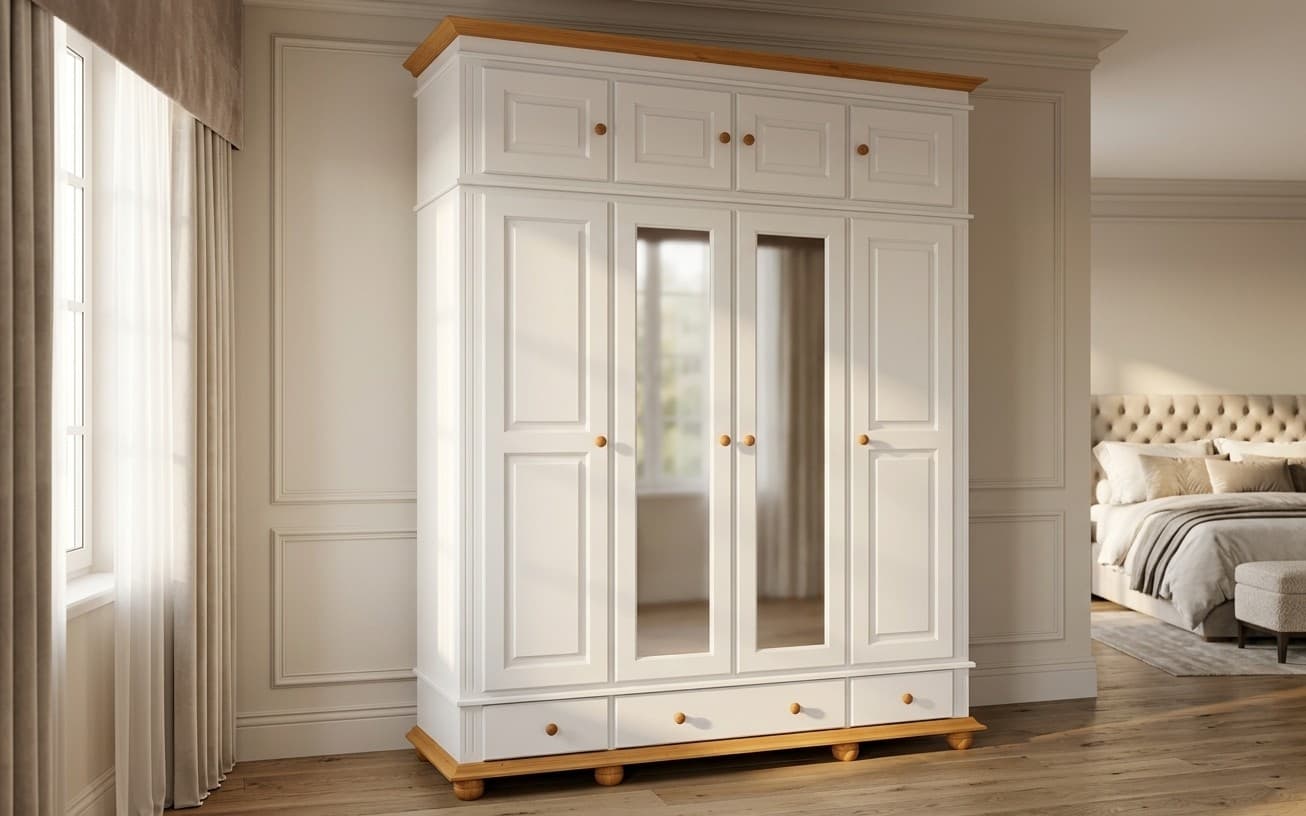 Dulap Înalt Celia, Lemn masiv, 197x58x240cm, Alb/Natur