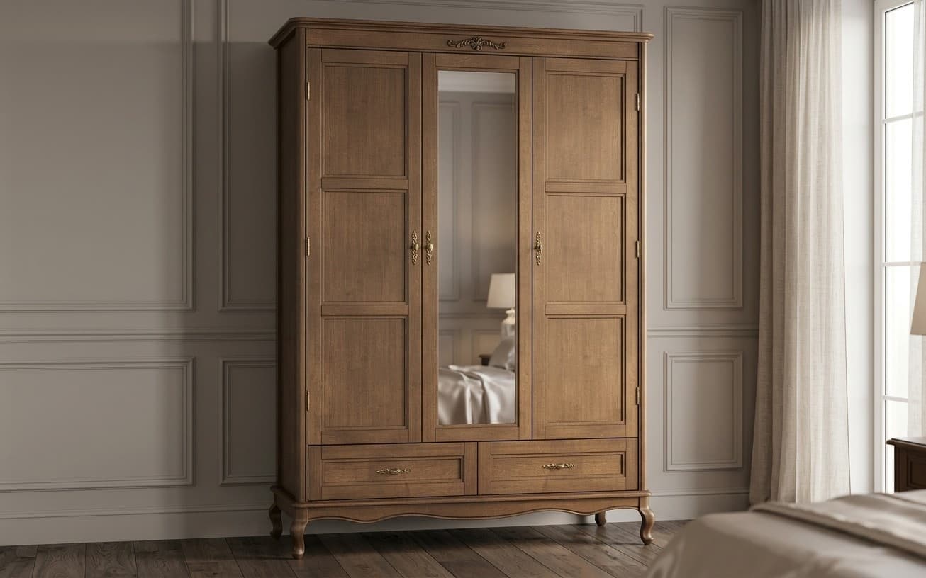 Dulap Seraphia, 3 Uși, cu Oglindă, Lemn Masiv, 150 x 62 x 207 cm