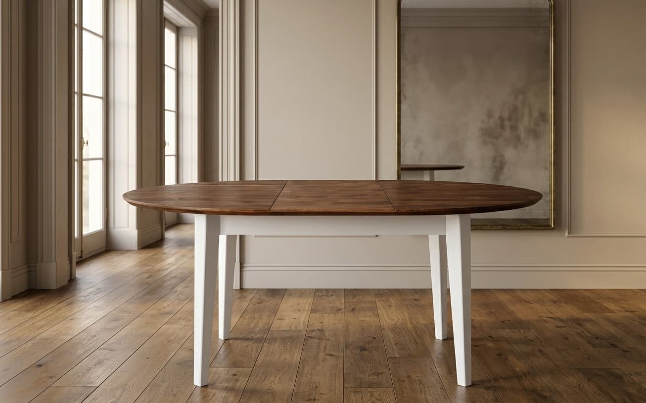 Masă Dining Rotundă Extensibilă Timeless, Lemn Masiv, 110/150x76 cm, Alb