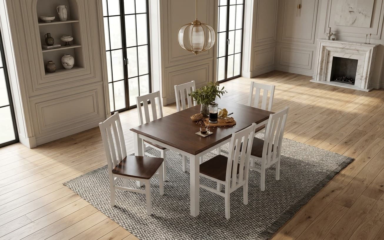 Set Dining Linea, 6 Scaune și Masă Extensibilă, Alb-Nuc
