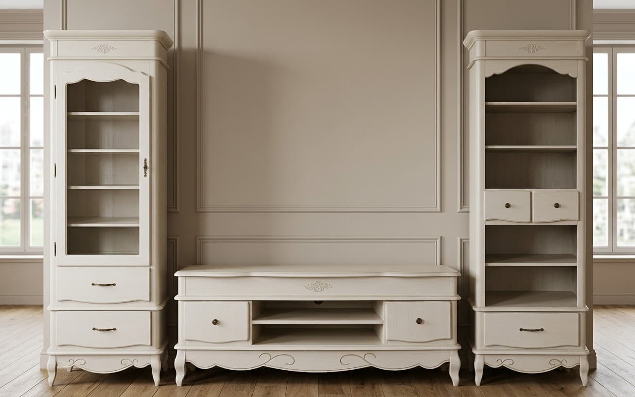 Set Living Casandra, Lemn Masiv, 3 Piese, Alb Antic