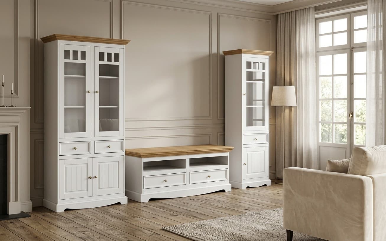 Set Living Linea, Lemn Masiv, Alb-Natur, 261cm