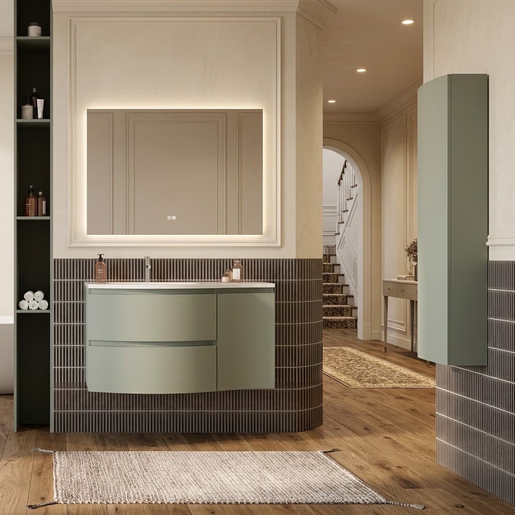Set mobilier baie cu coloană suspendată, lavoar și oglindă, 105 cm, Armonia, Verde salvie mat / lavoar alb lucios