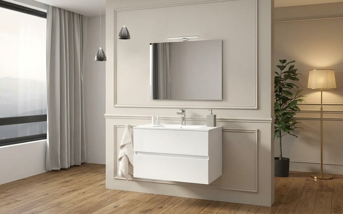 Set Mobilier Baie Suspendat Craig, Alb Lucios, 100 cm