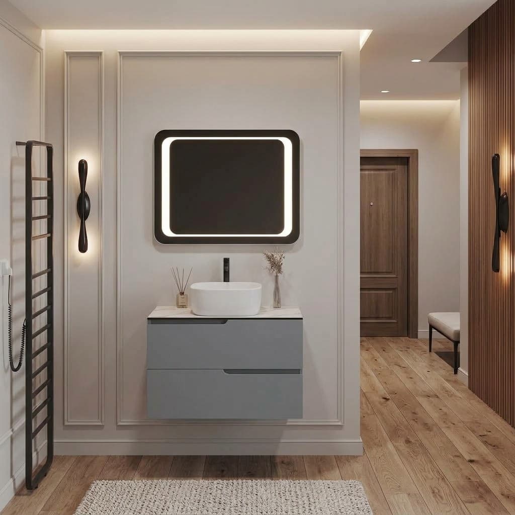 Set mobilier baie suspendat cu blat HPL imitație marmură, lavoar pe blat și oglindă, 80 cm, Winter, Gri cu blat imitație marmură albă / lavoar alb mat
