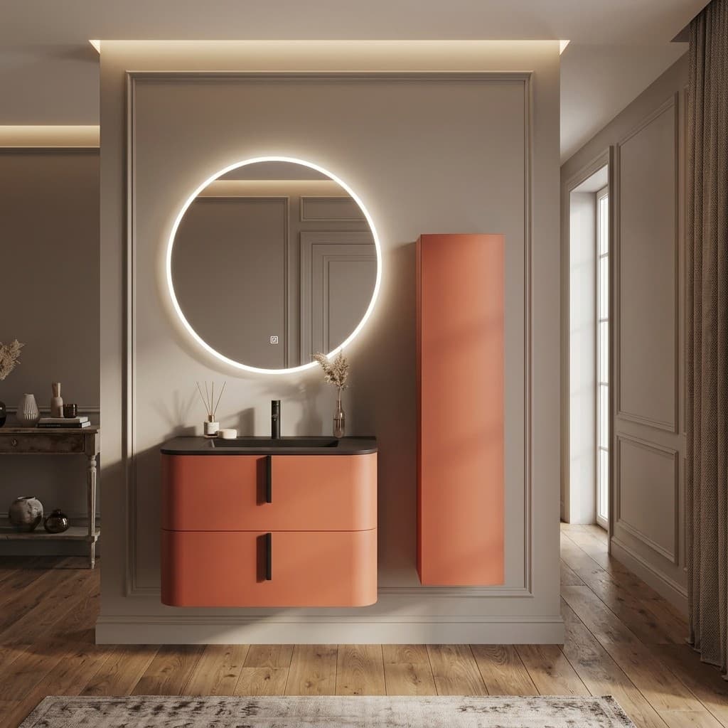 Set mobilier baie suspendat cu coloană, lavoar și oglindă, 80 cm, Lyra, Cărămiziu / lavoar negru mat