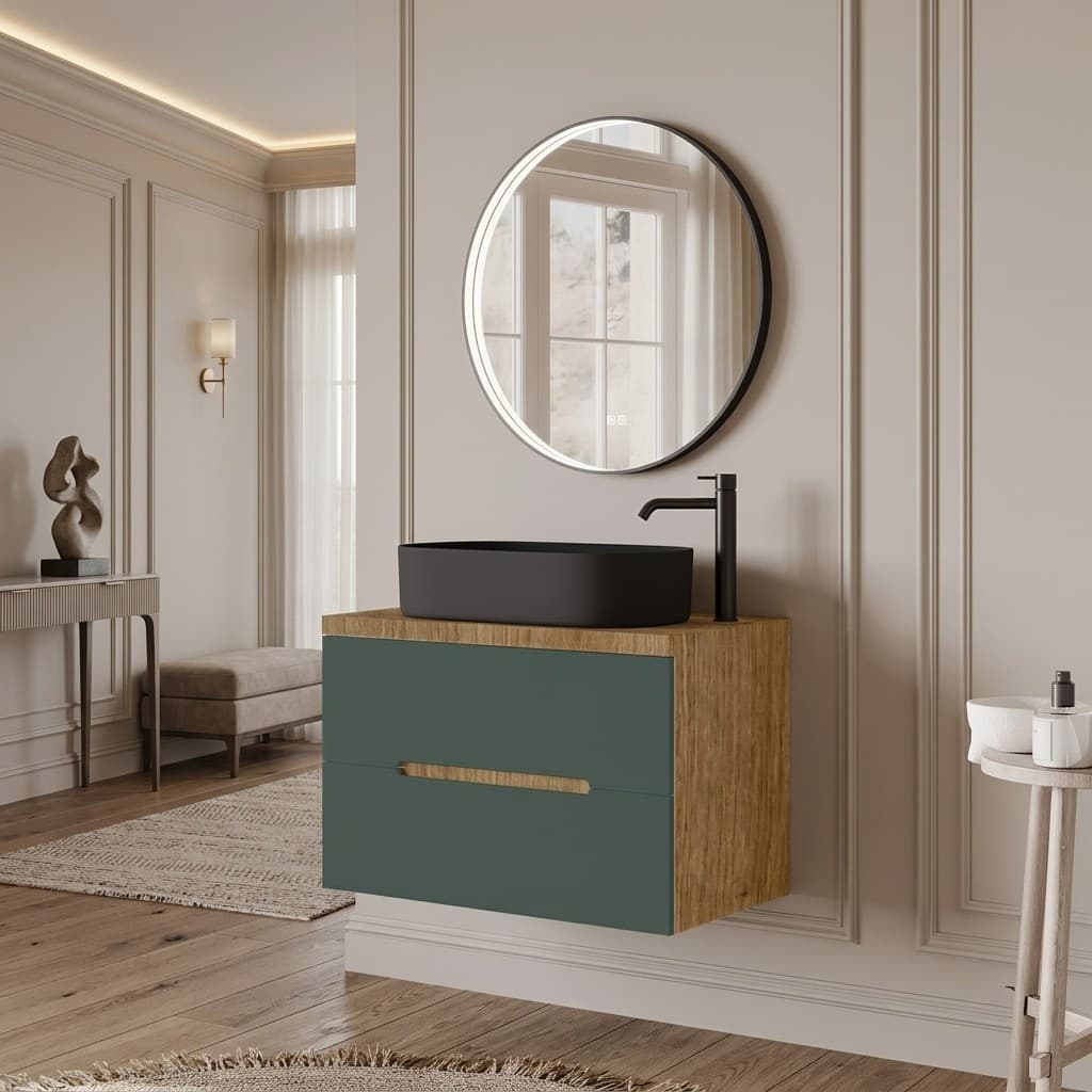 Set mobilier baie suspendat cu lavoar pe blat și oglindă, 80 cm, Iris