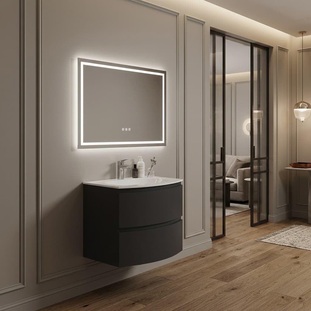 Set mobilier baie suspendat cu lavoar și oglindă, 70 cm, Armonia, Negru mat / lavoar alb lucios