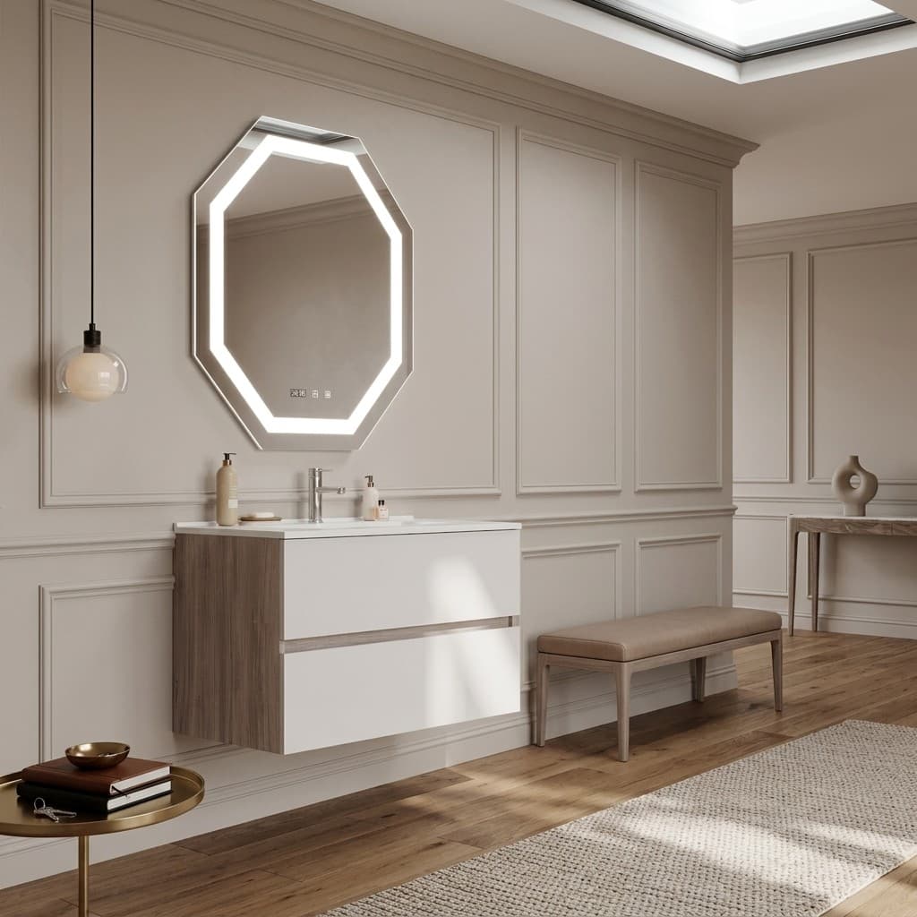 Set mobilier baie suspendat cu lavoar și oglindă octogonală, 80 cm, Easy, Imitație lemn cu alb mat / lavoar alb