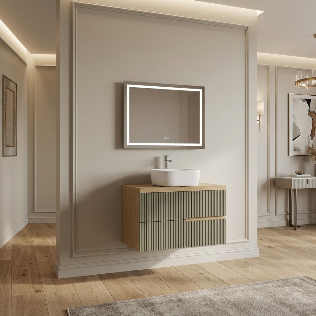 Set mobilier baie suspendat cu riflaj Cannetatto, blat, lavoar pe blat și oglindă, 80 cm, Eva, Imitație lemn cu verde salvie / lavoar alb mat