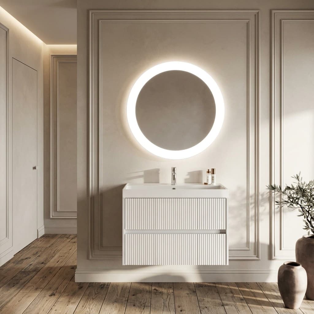 Set mobilier baie suspendat cu riflaj Cannetatto, lavoar integrat și oglindă, 80 cm, Portofino, Alb mat