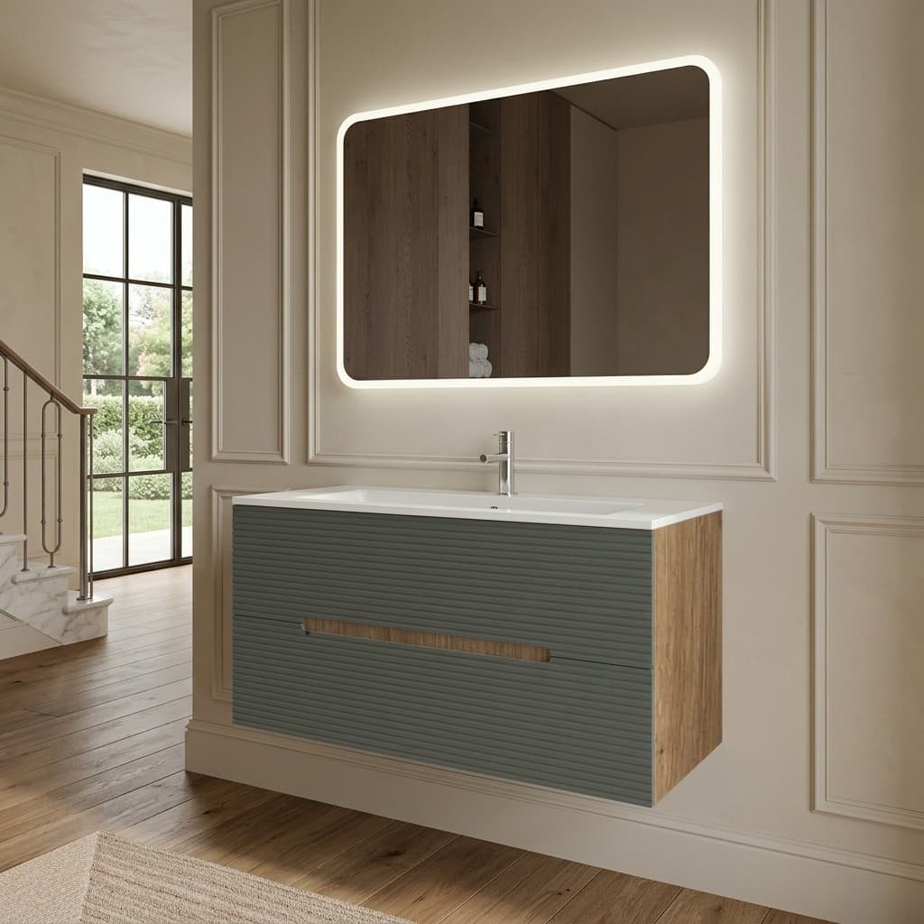 Set mobilier baie suspendat cu riflaj Dogato, lavoar și oglindă, 100 cm, Iris
