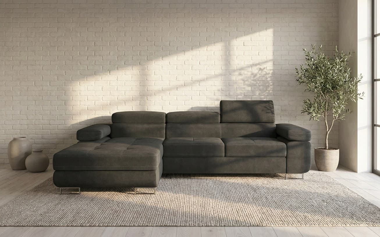 Colțar Extensibil Celis, 280x205cm, Ladă Depozitare, Antracit, Colțul în stânga