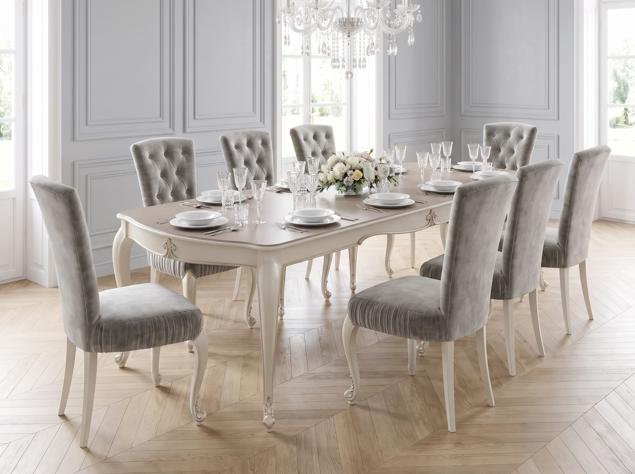 Set Dining Celisea, Masă Pliabilă 290 cm și Scaune Tapițate, Lemn Masiv